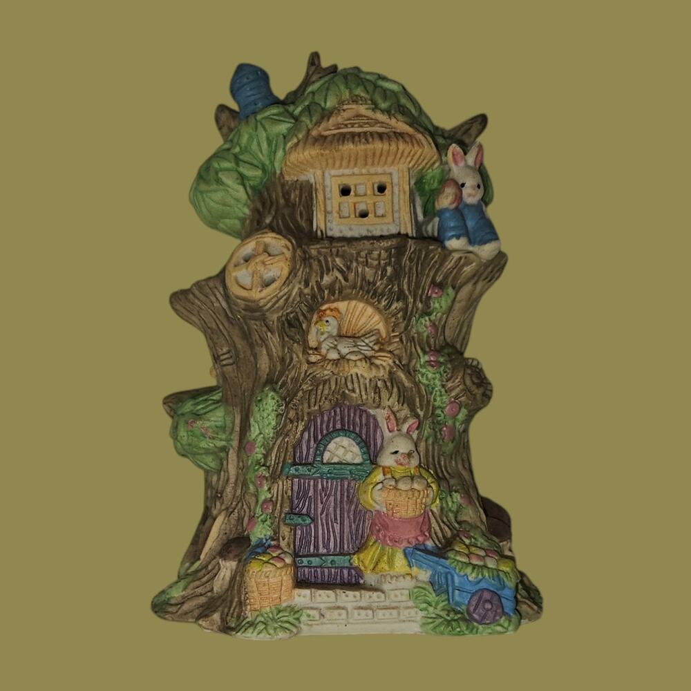Vintage Bunny Tree Stump House Figurine Easter Rabbit Cottage Decor